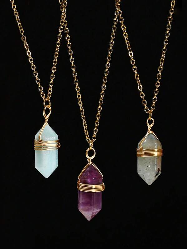 Natural Stone Double Pointed Hexagonal Pillar Gold Wire Wrapped Necklace, Amethyst/Rose Quartz/Tiger Eye Healing Stone Pendant, Boho Style Fashion Jewelry, Holiday Gift Accessory, Gold Necklace, Natural Stone Pendant Necklace