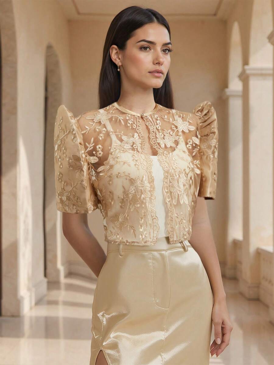 Amyenjoylife Nowoczesny Top Filipiniana, Rękawy motylkowe Filipiniana, Bolerko damskie, Formalne, Eleganckie, Delikatny Top z Koronki i Haftu, Bolerko Filipiniana dla kobiet, Szampan na Walentynki - Szampan - Zobacz 1