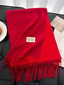 1pc Fashion Reversible Scarf For Women, Thick & Warm Dual-Use Shawl/Wrap With Tassels, Suitable For Winter For Dress - Burgundy - View 2