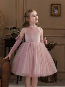 Young Girl Pink Velvet Bow Patchwork Elegant Christmas Party Dress, Princess Dress Suitable For Girls Birthday Party, Prom, Wedding Flower Girl, Thanksgiving, Graduation - 藕粉色 - 查看 6