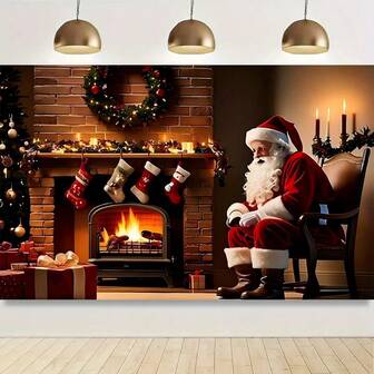 1 件 2026 圣诞派对背景 - 新年圣诞老人和壁炉场景横幅，采用花环和礼物设计，圣诞树主题派对家居装饰、墙壁、室内/室外装饰、周年纪念、工作室摄影道具派对用品