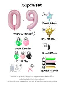 53pcs/Set Dreamy Sweet Princess Style Birthday Party Decorations, 40-Inch Pink Number 0-9 Birthday Party Balloons, 18-Inch Iridescent Star Shaped Transparent Balloons, Mini Crown Balloons, 10-Inch Light Pink And Light Green Latex Balloons, Pink Bow Balloons - Multicolor - View 2
