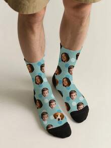 1PC Unisex Customizable Portrait And Polka Dot Pattern Light Blue And Black Comfortable Casual Socks, Suitable For Daily Wear Or As A Gift For Pet Lovers, Available In Multiple Colors, An Excellent Gift For Friends On Birthdays And Holidays