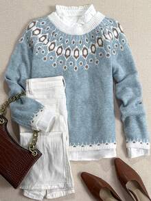 Áo len nữ tay dài cổ tròn dáng rộng họa tiết Fair Isle, thích hợp mặc mùa thu đông, quần áo mùa thu cho nữ, quần áo mùa đông cho nữ, áo kiểu mùa thu, áo công sở, trang phục công sở thường ngày. - Nhiều màu - Xem 2