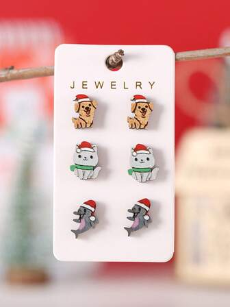 3 Paia di Orecchini in Legno Vintage Natalizi con Cani, Delfini e Gatti che Indossano il Cappello di Babbo Natale, Accessori Gioiello Natalizi per Donne