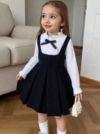 Vestido casual de niña con 2 en 1, bloque de color, lazo, rayas, manga larga, botón, cuello con volantes y dobladillo en línea A, adecuado para uso diario, hogar, exterior, deportes, primavera/otoño