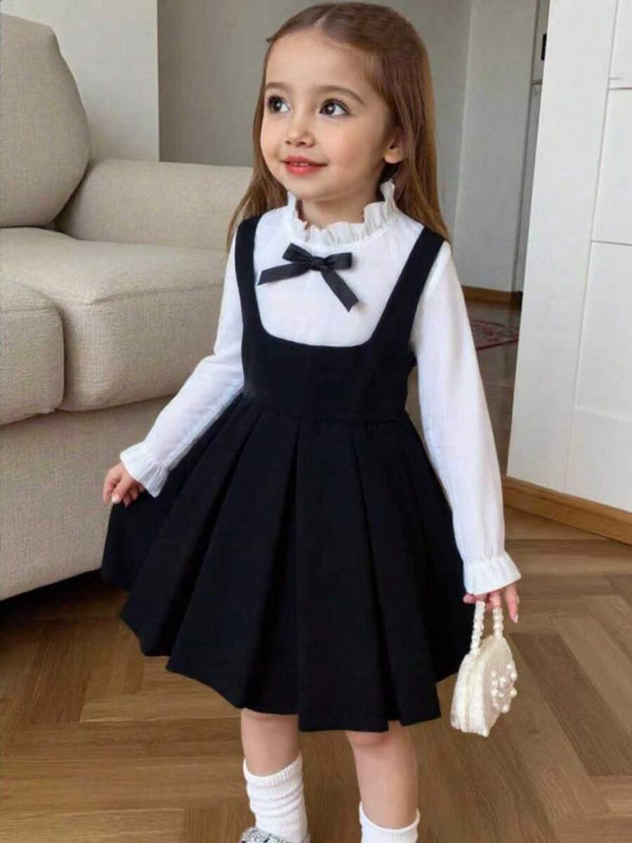 Young Girl Casual 2 In 1 Colorblock Bow Striped Long Sleeve Button Ruffle Collar A-Line Hem Dress, Suitable For Daily, Home, Outdoor, Sports, Spring/Autumn - Black and White - View 1