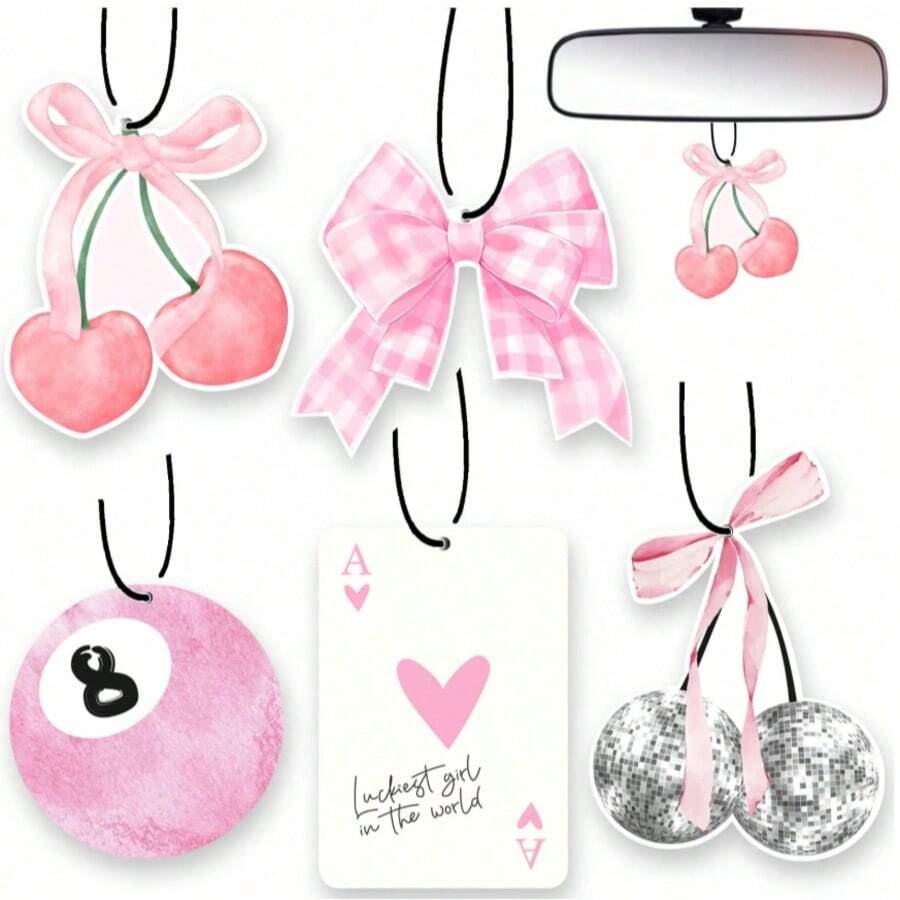 5 piezas Ambientador de coche con lazos rosas lindos y aroma a cereza, accesorios automotrices, decoración colgante de aromas para el interior del coche para mujeres y adolescentes, ambientador de coche, espejo ambientador de coche, decoración interior del coche, accesorios interiores, ambientador de salida de aire, regalo de Navidad, regalo del Día de San Valentín, accesorios de coche para mujeres - Multicolor - Ver 1