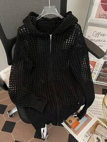 メンズ春夏秋薄手透け感メッシュセーター｜フルファスナー前開き 丸首｜ルーズ版型 重ね着便利｜手洗い可 日常カジュアル款 - ブラック - チェックする 4