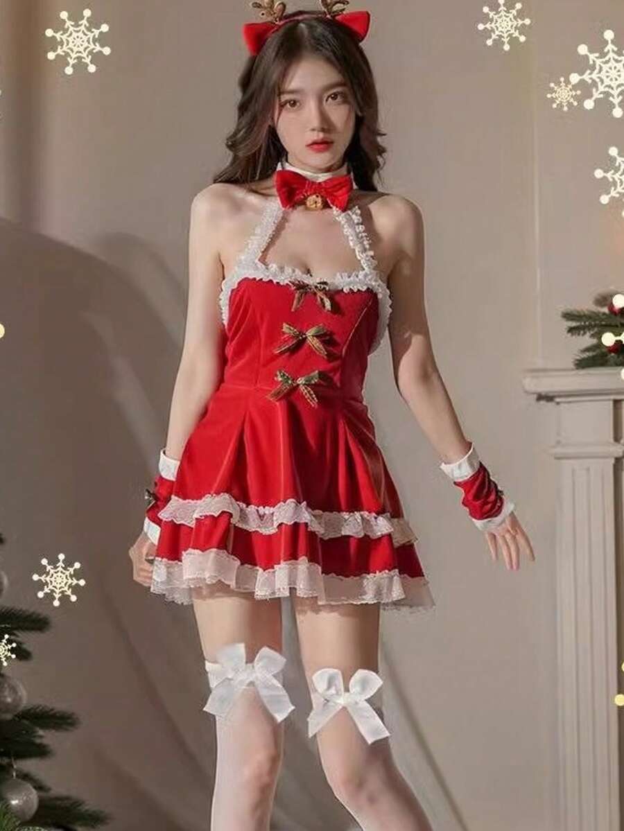 1 套性感细肩带露背抹胸圣诞服装，适合约会、角色扮演、夜总会