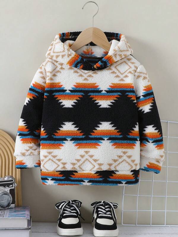 Felpa con cappuccio casual in pile spesso con motivo geometrico totemico, adatta per uscite casual, shopping, inverno