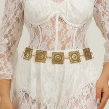 1pc Women's Gold Striped Square Waist Chain, Fashion Versatile Accessory To Pair With Dresses, Pants, Blazers, Suitable For Daily, Evening, Wedding, Bohemian Style Zinc Alloy