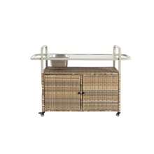 Stolik barowy do użytku na zewnątrz, wózek barowy z wikliny z szafką, wózek do serwowania na patio ze stalowym blatem, z chłodziarką, blokowane koła, kosz boczny do ogrodu, basenu i na podwórko, beżowy - Brązowy - Zobacz 11