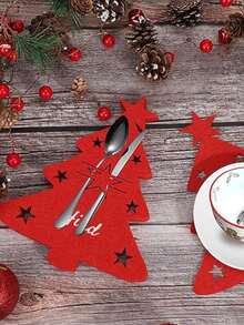 Customizable Name Christmas Tree Felt Personalized Cutlery Holder Bag Knife Fork Pouch Tableware Mat Party Table Decor Personalized Name Mat For Home Kitchen, Restaurant Dining, Party And Holiday Table Decor - Multicolor - View 4
