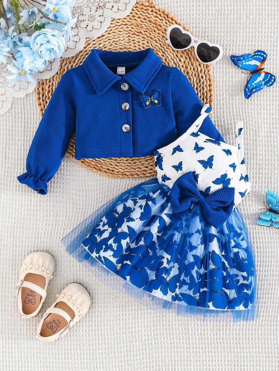 Conjunto de 2 piezas para bebé niña con chaqueta de manga larga con volantes y bordado de mariposa, y vestido minimalista con estampado de mariposa en malla - Azul - Ver 1