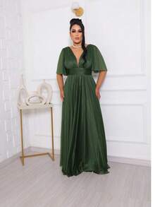 Long Party Dress With Plunging Neckline, Short Flare Sleeves And Elegant A-Line Skirt - 橄欖綠 - 查看 6