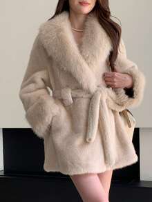 Women's Solid Color Long Sleeve Faux Fur Collar Tie Waist Christmas Jacket - Apricot - View 4