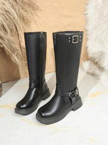 Botas vaqueras de suela gruesa para mujer, botas altas hasta la rodilla con caña en ángulo, tacón grueso