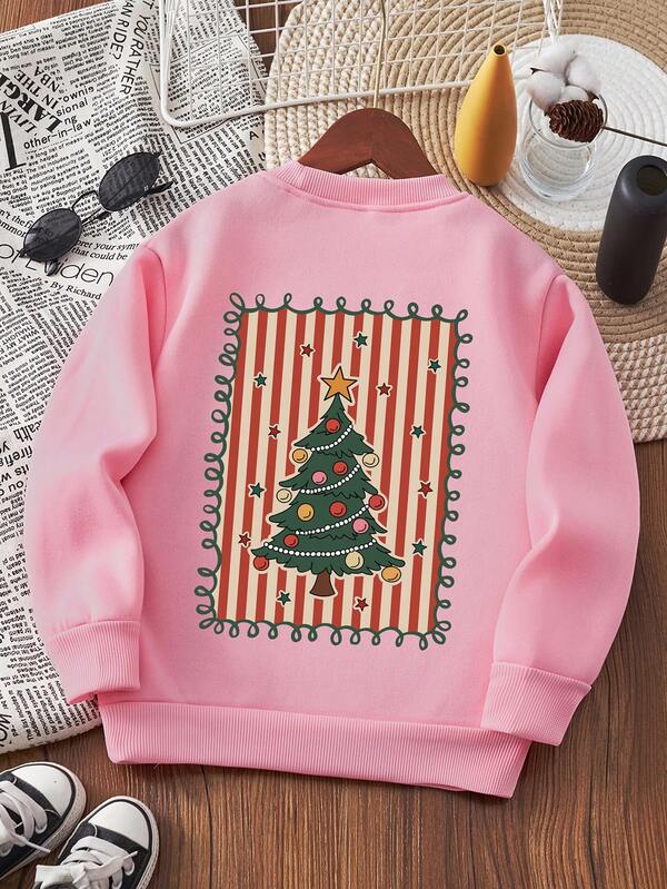 Girls' Christmas Tree & Bell Double-Sided Print Thermal Lined Crew Neck Sweatshirt, Casual Autumn/Winter Outfit