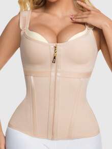 1Pc Women Breast Shaping Slimming Body Shaper ,With Double Layer Tight Waist Trainer,Tummy Control Body Shaper Vest With Bra,Body Shaperwear Tops,Zipper And Hooks Corset ,Suitable For Various Occasions - Khaki - View 1