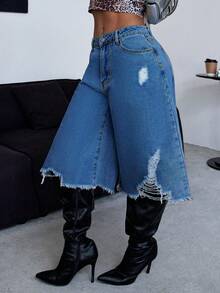 Women's Y2K Distressed Denim Culottes High Waisted Wide Leg Mid Length Jeans Vintage Ripped Loose Fit Jean Shorts For Women - Medium Wash - View 4