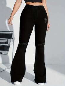 WGXWGX Women's Black Fashion Ripped Flared Jeans Elegant Commuter Style Stretch Denim Pants Machine Washable High Waist Pocket Pants - 黑色 - 查看 1