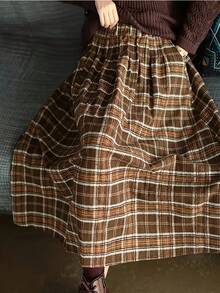 Plus Size Elegant Brown Plaid Mid-Length Skirt With Pockets, Non-Stretch Woven Fabric - Brown - View 2