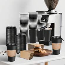 500毫升纸质咖啡杯，150/60/30个装，一次性带盖热咖啡杯，黑色，适用于热咖啡和可可饮品，适合家庭和咖啡馆使用，派对理想之选