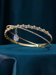 1件套优雅水滴水晶公主项链及头链，椭圆形吊坠项链，水钻皇冠头饰，百搭新娘婚礼配饰，闪亮字母装饰 - 金色 - 查看 9