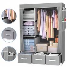 Lislark Portable Closet Storage Organizer Clothes Wardrobe Shoe Clothing Rack Shelf Dustproof Non-Woven Fabric - Light Grey - View 3