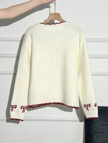 韩式休闲可爱蝴蝶结针织开衫，秋冬款 - 白色 - 查看 5