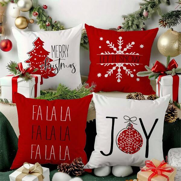4pcs Christmas Minimalist Red Snowflake & Christmas Tree Illustration Cushion Cover Set, Single-Sided Printed Peach Velvet Material, 45*45/50*50/40*40CM Pillow Case Suitable For Room Decor, Modern Minimalist Sofa Living Room Decor, Gift, Party Decoration