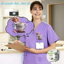 2D Flat Acrylic Nurse ID Badge Holder, 1pc, Coffee Pattern Design - Cute Cartoon Nurse And Coffee Cup Illustration, Durable ID Holder, Suitable For Teachers, Students, Doctors, Office Gifts, Christmas, New Year Gifts, Fun Gifts - Coffee Brown - View 3