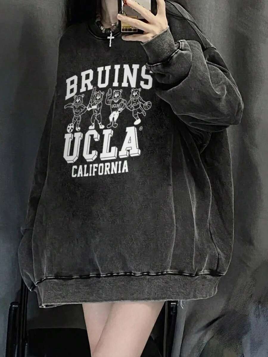 Women's Student Simple Classic Retro American Style Black Personalized Washed Y2K Contrast Letter Print Loose Casual Daily Long Sleeve Sweatshirt, Back To School Autumn/Winter - Black - View 1