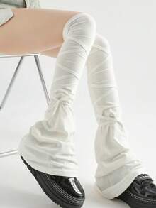 1双亚文化原宿哥特风过膝长筒袜，黑白相间，修身显瘦，时尚系带设计，不对称荷叶边，喇叭形袜口，适合Y2K甜美酷炫风、摇滚风、独特日常穿搭 - 彩色 - 查看 6