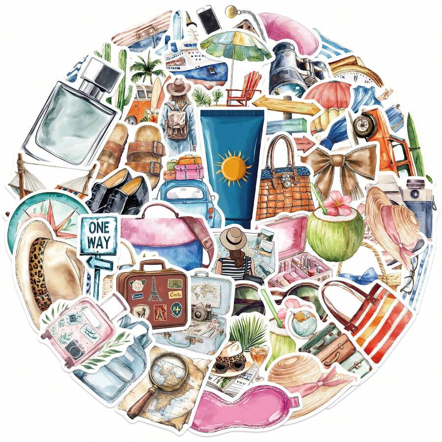 50张水彩贴纸套装，可爱日记贴纸，花卉贴纸，防水乙烯基贴纸，适用于水瓶、笔记本电脑、手机、行李箱、笔记本、冰箱等。