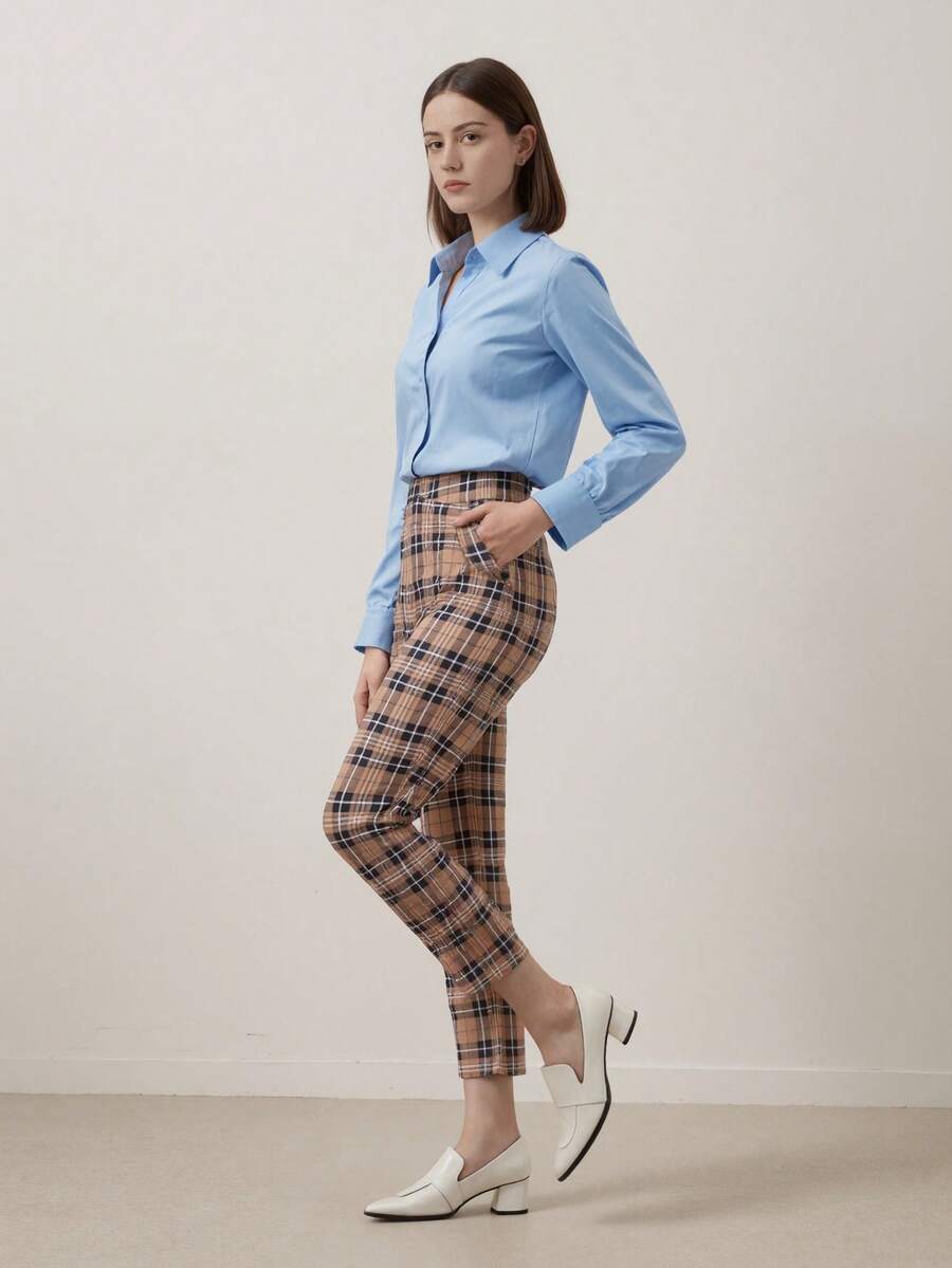 Women's Popular Print High Waist Premium Jogger Track SKI Pants In Red Plaid Design - 卡其色 - 查看 1