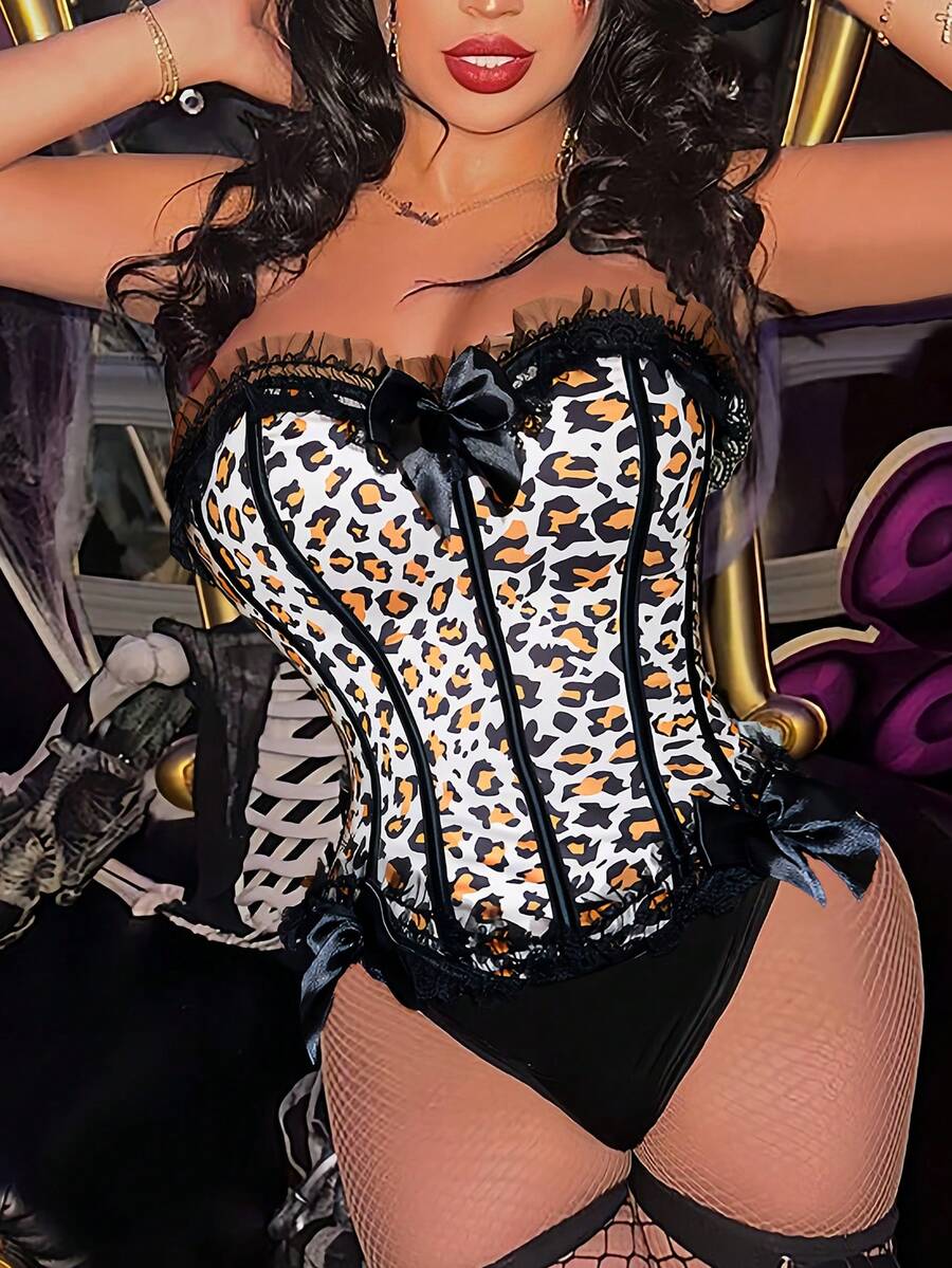 Apperloth A Y2K可爱蕾丝荷叶边撞色系带豹纹露脐吊带背心 - 彩色 - 查看 1