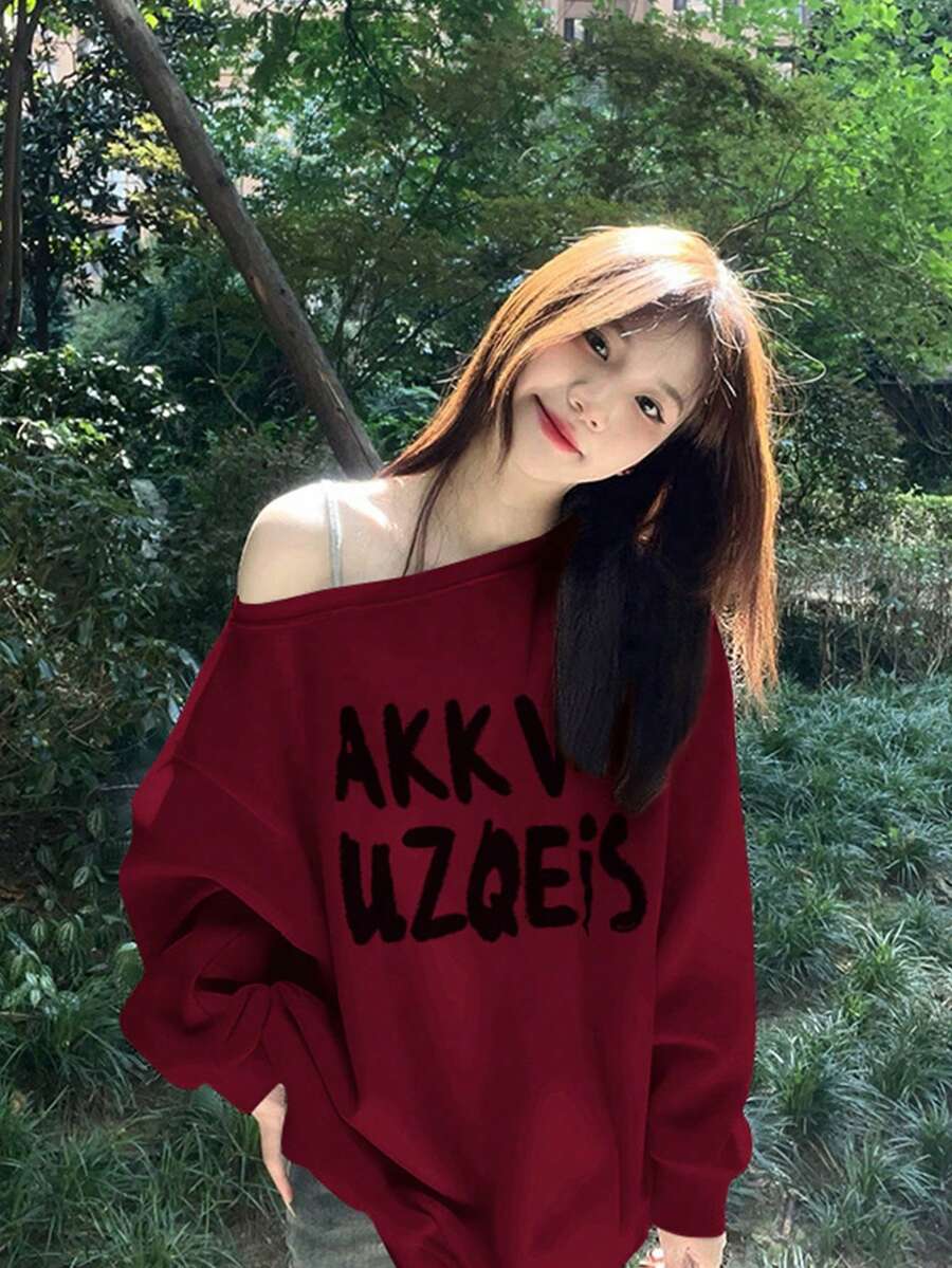 Minimalist Letter Print Asymmetrical Shoulder Burgundy Sweatshirt For Women, Retro American Style Top For Autumn/Winter