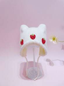 1pc Strawberry Knitted Ear Ion Hat For Toddlers, Infant Beanie, Warm Knitted Hat