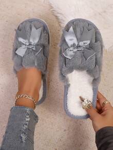 Women's Simple Casual Cute Bowknot Plush Slip-On Slippers, Lightweight Soft Sole Indoor House Slippers With Warm Lining, Suitable For Living Room And Bedroom, Spring/Autumn