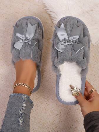 女士简约休闲可爱蝴蝶结毛绒拖鞋，包头，轻便软底室内拖鞋，保暖衬里，适合万圣节、客厅和卧室
