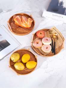 1 Bandeja de servir de ratán tejida a mano, bandeja de té de doble asa, plato de frutas, cesta de pan y aperitivos, bandeja redonda tejida a mano, cesta de aperitivos, cesta de almacenamiento, suministros para fiestas y festivales de gran tamaño. - Caqui - Ver 4