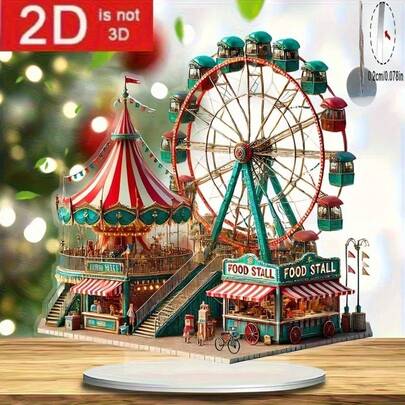 2D Acrylic Desktop Decor - "Merry Christmas" Carnival Ferris Wheel & Carousel Design With Stand, Ideal For Home & Office Holiday Decoration, Includes Display Base