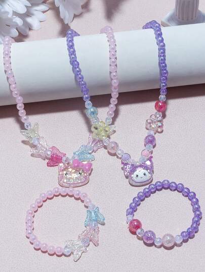 2pcs Sanrio Girls Kuromi & KT Cat Pendant Beaded Bracelet Bangle Necklace Jewelry Set, Suitable For Daily, Party, Birthday Gift, Random Color