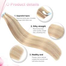 Tape In Hair Extensions Human Hair 16-26 Inches 20pcs Straight Seamless Skin Weft Tape Hair Extensions Ash Blonde Mix Bleach Blonde Brazilian Virgin Hair Straight Seamless Invisible Extensions - S18/613 - 查看 3