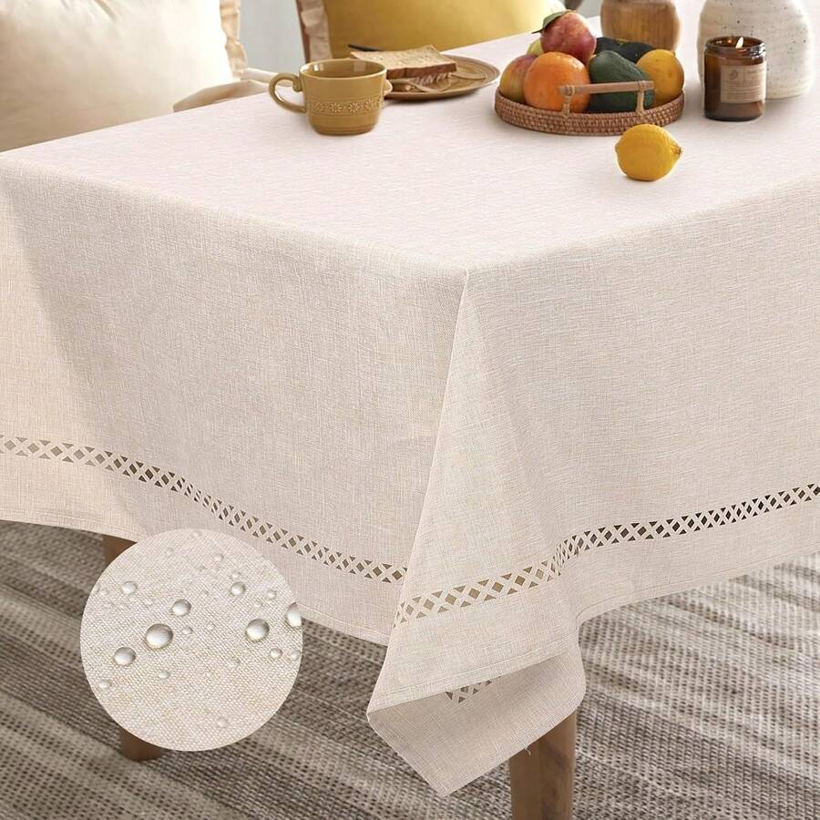 Gugxiom Mantel de Lino con Textura, Mantel Rectangular Impermeable, sin Arrugas, Mantel Boho para Mesa de Comedor/Mesa de café, Camping al Aire Libre, Bodas (140 x 240 Beige) - 1 - Ver 1