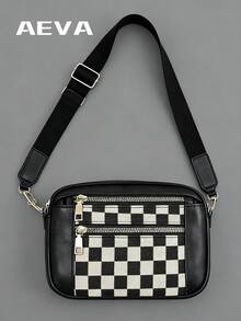 Black & White Plaid Patchwork, 5 Zipper Pockets, With Inner Pouch, Card Slots, Lightweight Compact Crossbody Bag, Elegant Retro Style, Adjustable Solid Black Wide Strap, Suitable For Shopping, Dating, College Classes - Black - View 7