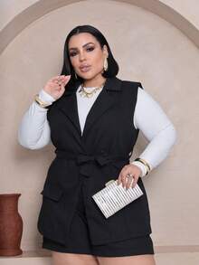 Women's Plus Size Linen Set – Shorts With Lining And Vest With Belt (GG To G2) - 黑色 - 查看 4