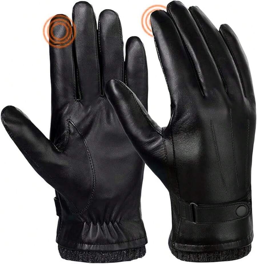 SANKUU Black Leather Gloves For Men, Winter Warm Touchscree Cycling Gloves Outdoor Riding Warm Linner Waterproof Gloves - Nhỏ-Đen - Xem 1